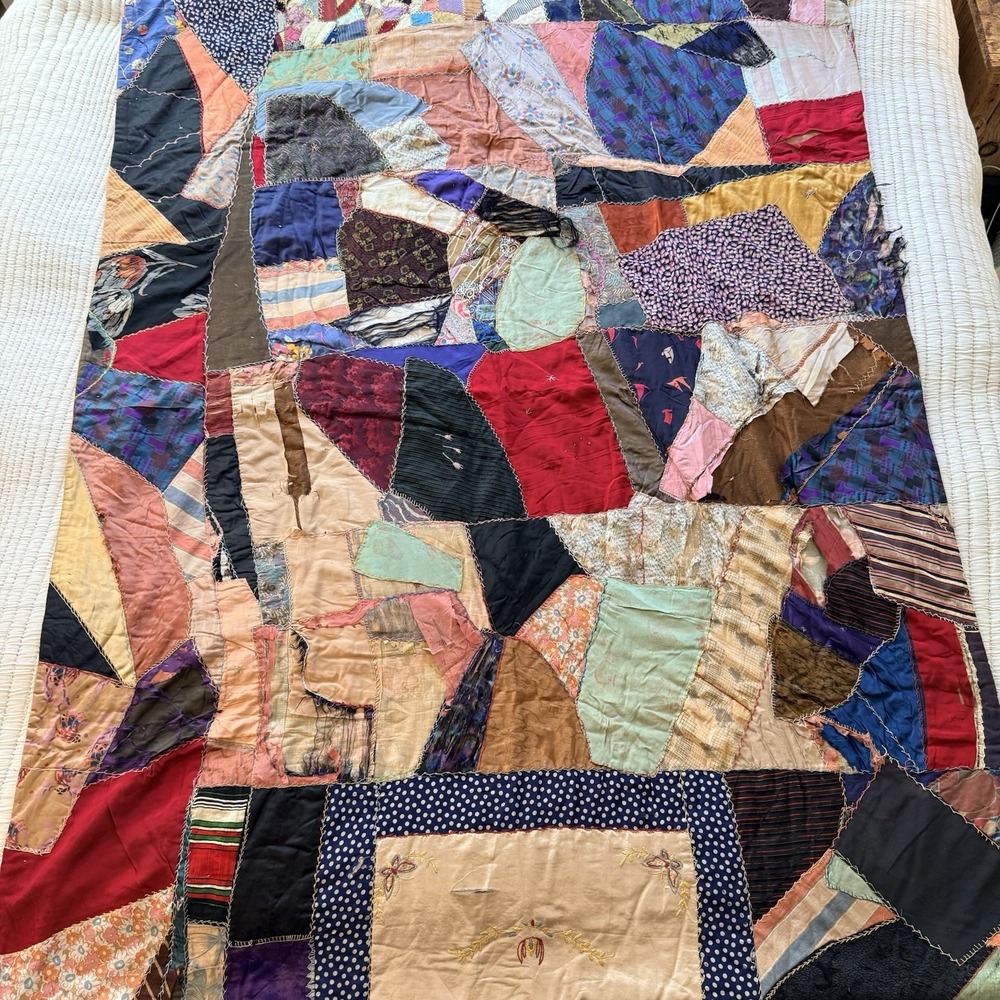 Antique Handmade Pieced Patchwork Victorian Crazy Quilt‎ 78x56 *repair